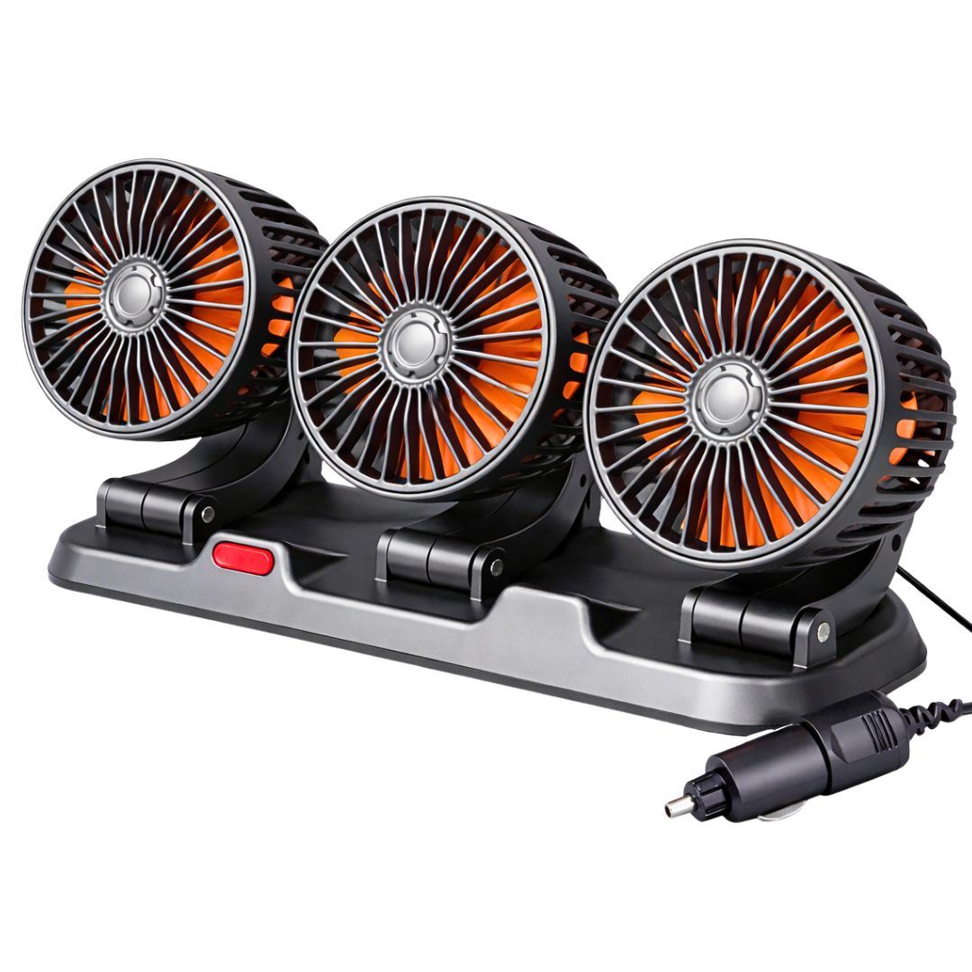 Ventilador para Auto 12V Triple con Base Plegable Cabezal Giratorio 360° Viento Fuerte y Bajo Ruido